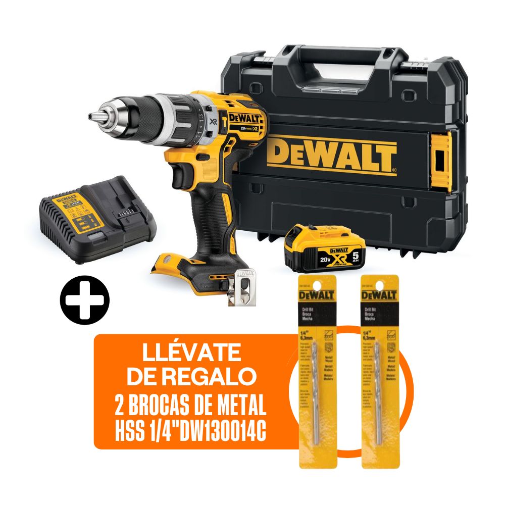 Taladro Percutor Inalámbrico Dewalt 1/2"" 20V XR + Bateria 5ah 20V + Cargador + 02 Brocas de Metal