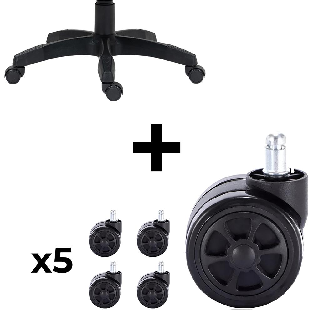 Combo Base para Silla Gamer Repuesto Shine Series Negro + Pack 5 Ruedas para Silla Giratorias Negro