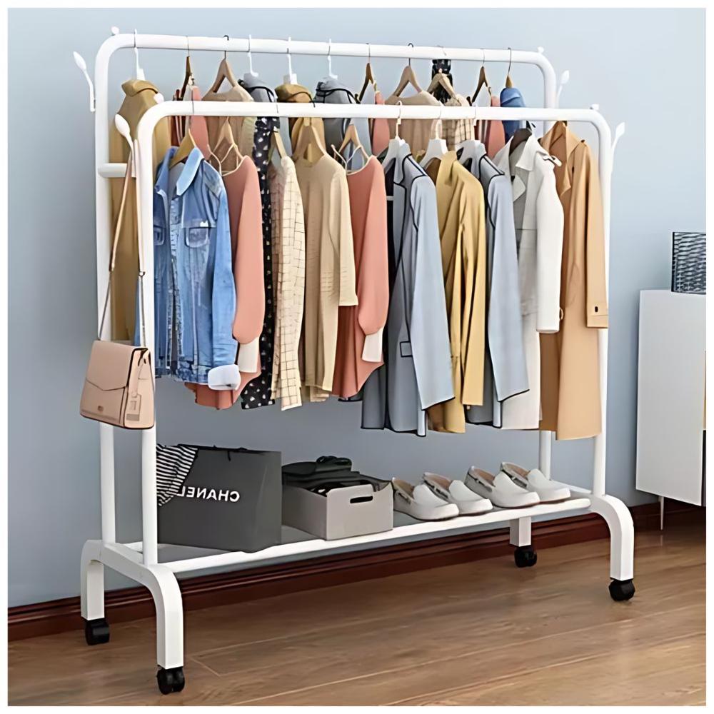 Colgador Perchero de Metal con Ruedas con Doble Organizador 150x110x57cm Blanco