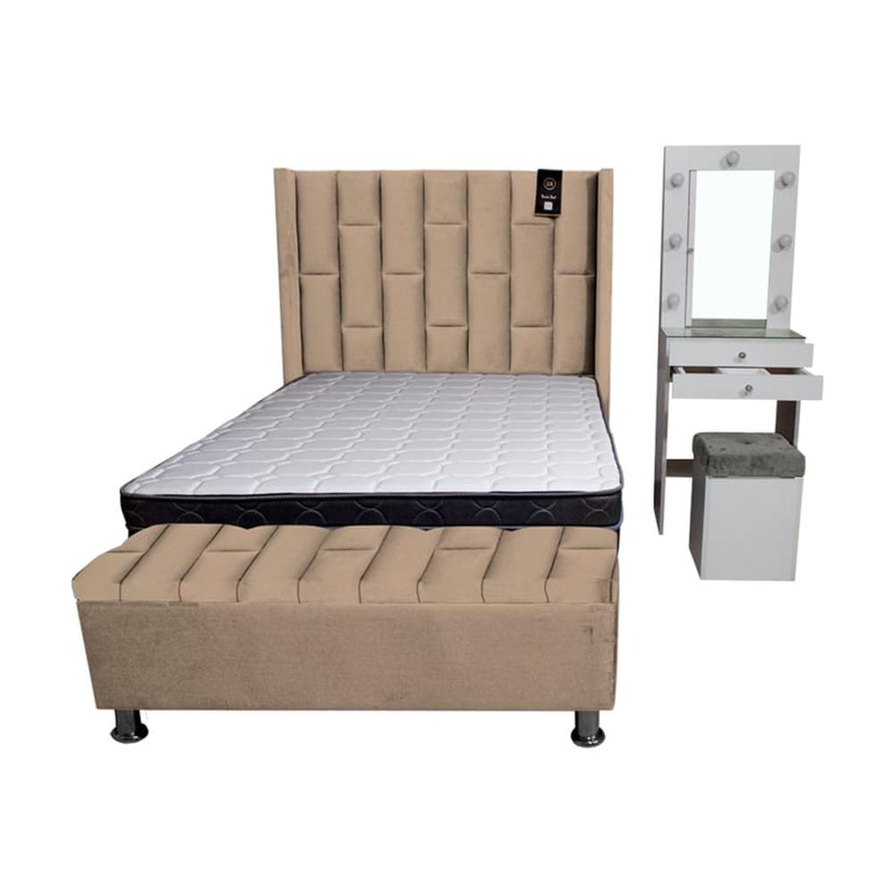 Dormitorio Boreti 1.5 Plz + Cabecera + Tocador + Puff + Baúl - Beige claro