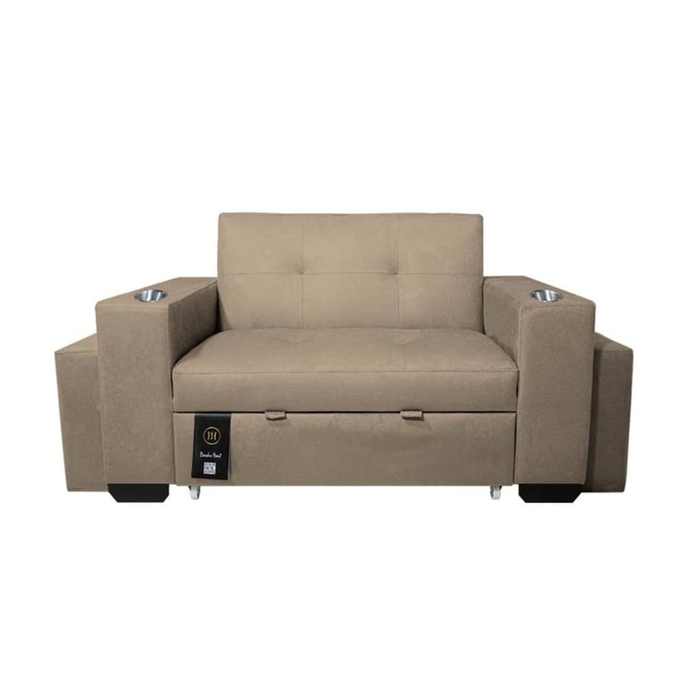 Sofá Cama Madison 1.5 Plz con Portavaso + Puff - Beige Claro