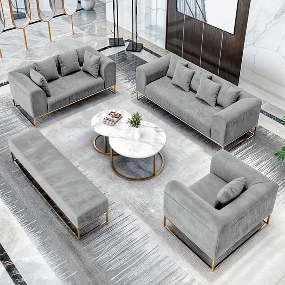 Juego de sala 3 2 1 Dolneni + Banqueta + Mesa de centro - Gris claro