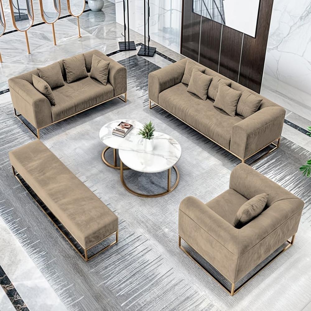 Juego de sala 3 2 1 Dolneni + Banqueta + Mesa de centro - Beige claro