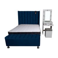 Dormitorio Boreti 1.5 Plz + Cabecera + Tocador + Puff + Baúl - Azul marino