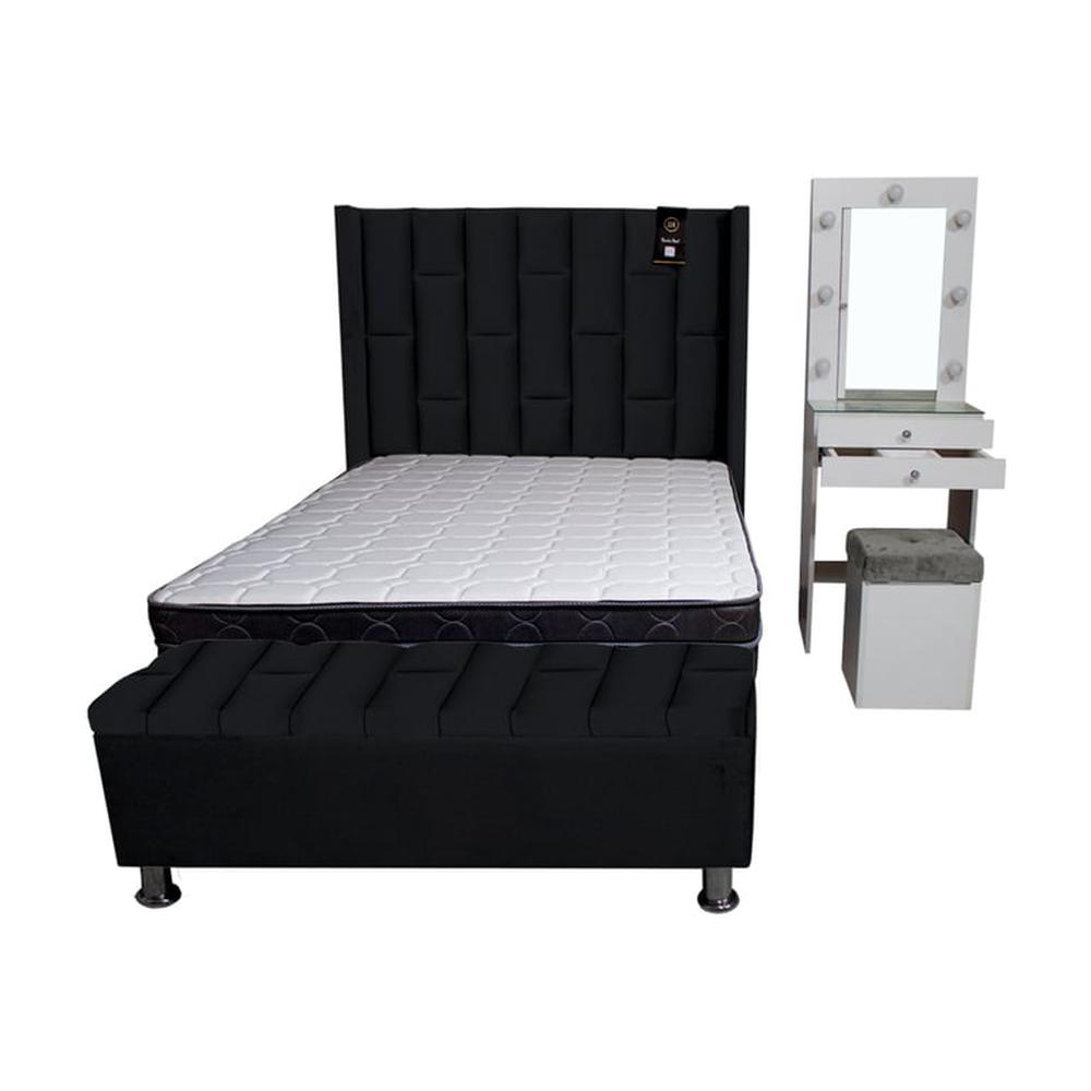 Dormitorio Boreti 2 Plz + Cabecera + Tocador + Puff + Baúl - Negro