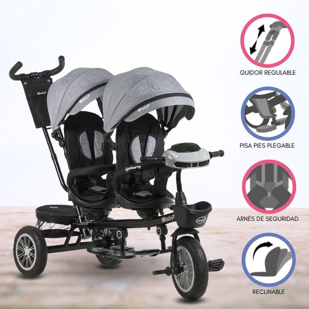 Triciclo Guiador EBABY GEMELAR GRAY