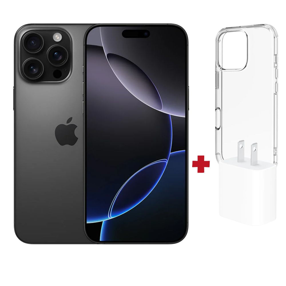 iPhone 16 PRO MAX 256GB (CHIP FISICO) + Cargador Apple USB-C 20W + Case - TITANIO NEGRO