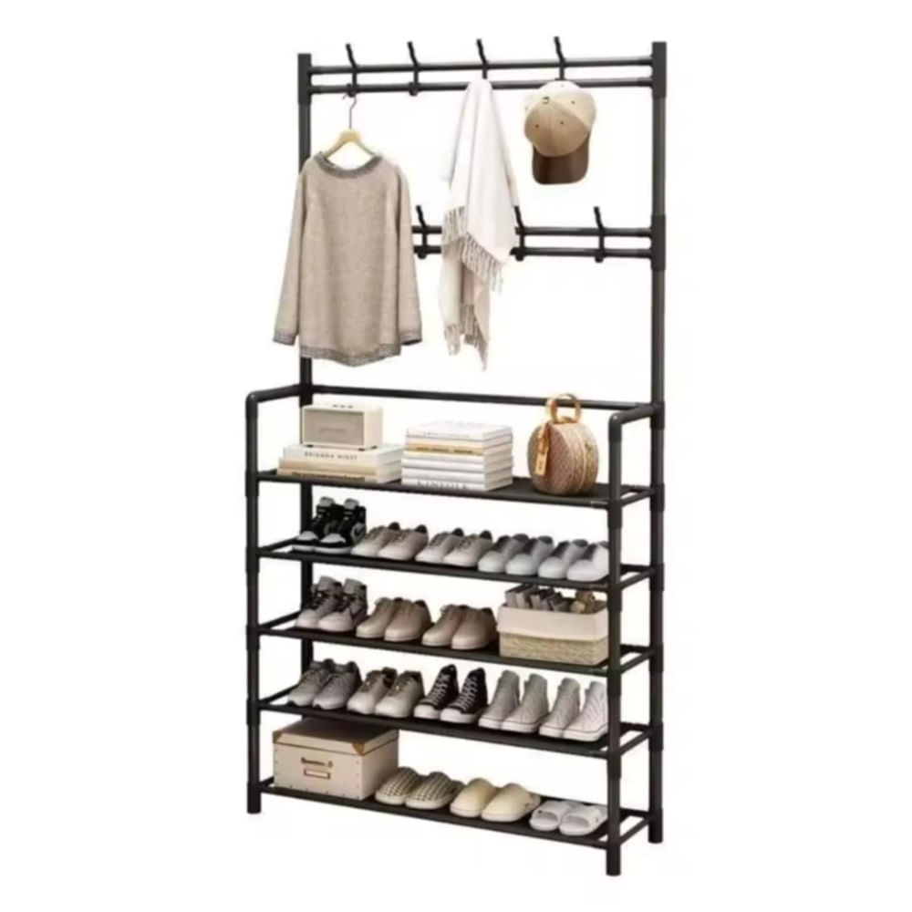 Zapatera Organizador de Calzado Estante 5 Niveles Con Perchero Negro