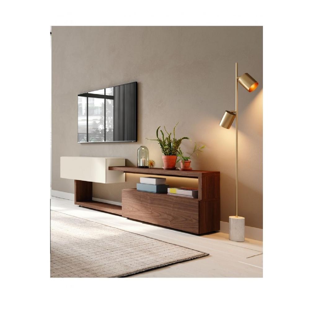 Mesa Minimalista de TV Rebecca 55"" color Blanco/Duna/Gris 2 puertas TU MESITA