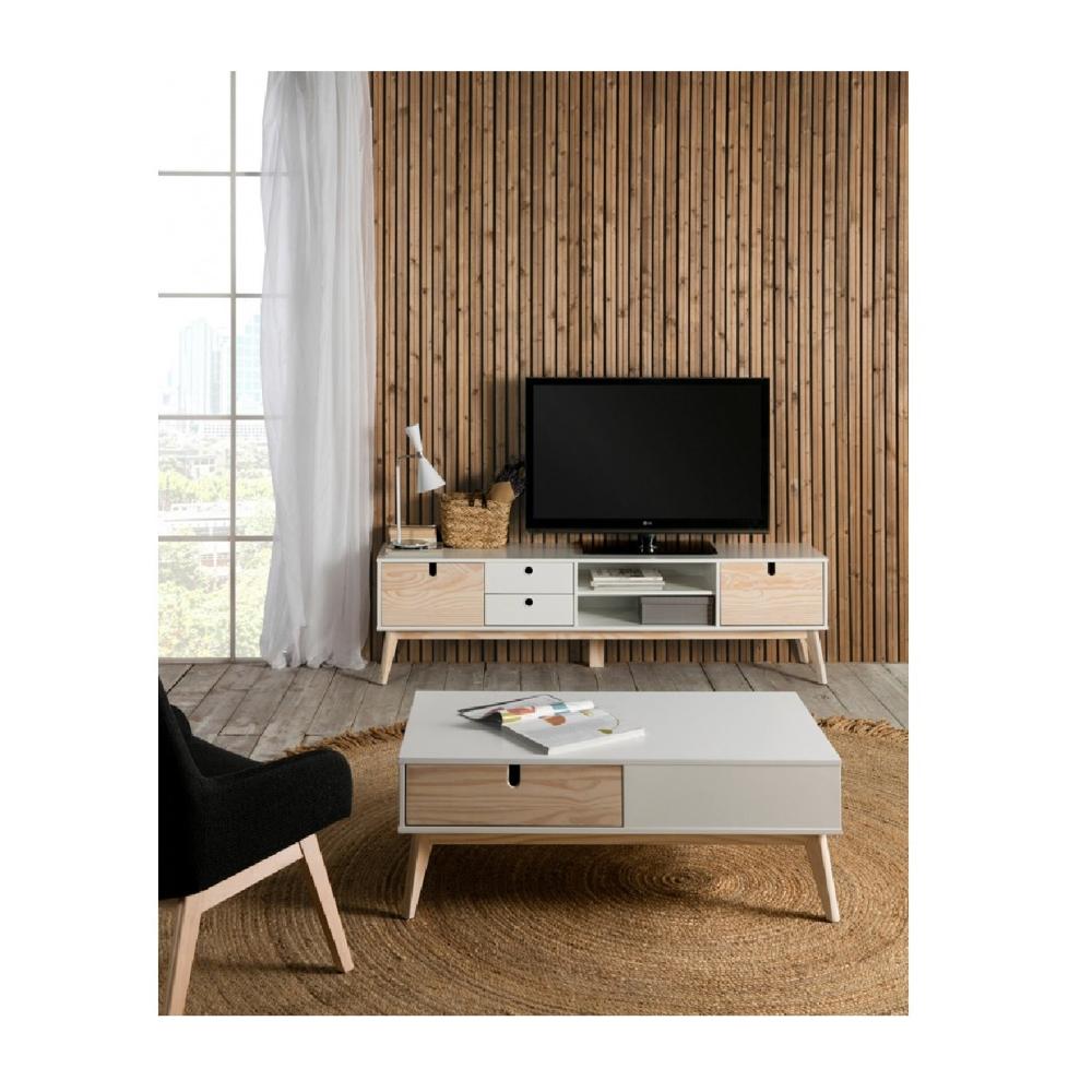 Mesa Nórdica de TV Benjamin 65"" color Blanco/Duna 2 cajones 2 puertas TU MESITA