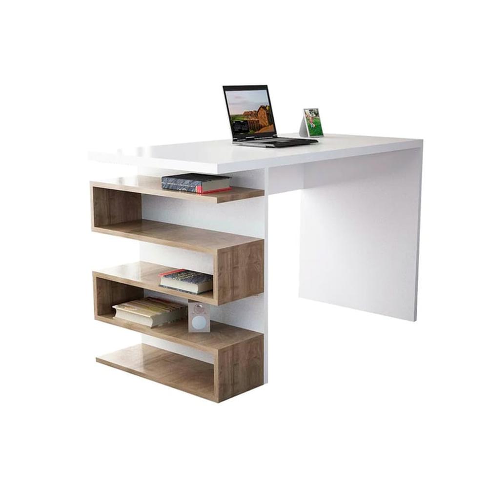 Escritorio con Repisa Lateral Antai - Blanco y Macchiato Escritorio con Repisa Lateral Antai - Blanco y Macchiato