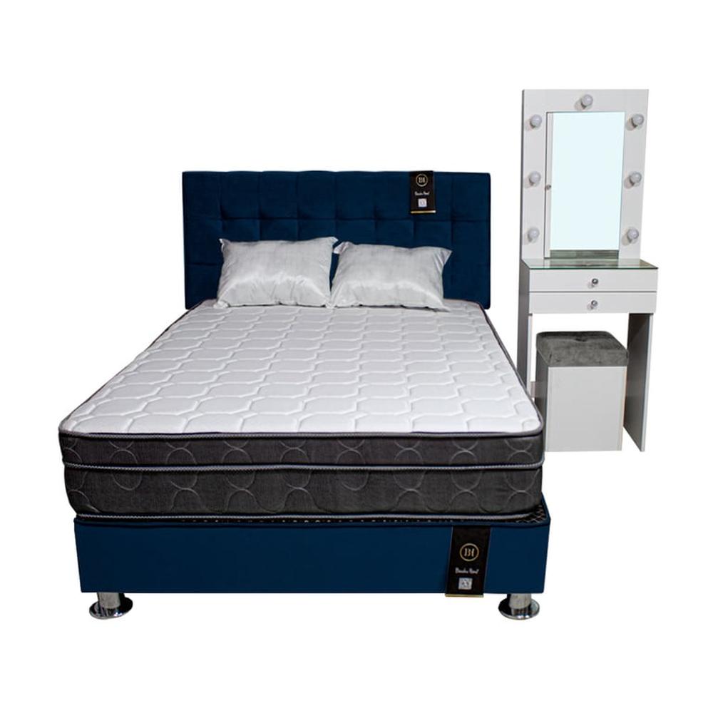 Dormitorio Coquette 2 Plz + Cabecera + Tocador + Puff - Azul Marino