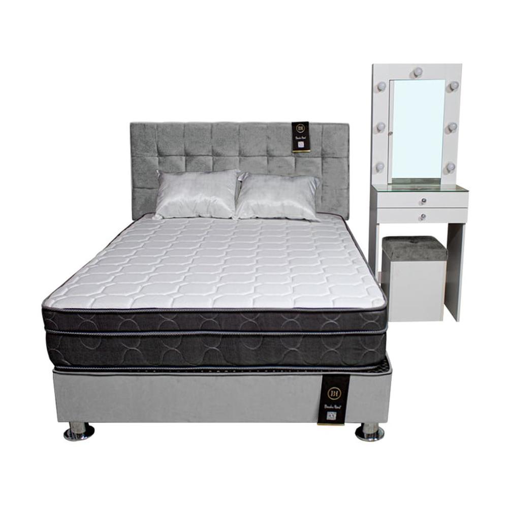Dormitorio Coquette 2 Plz + Cabecera + Tocador + Puff - Gris Claro