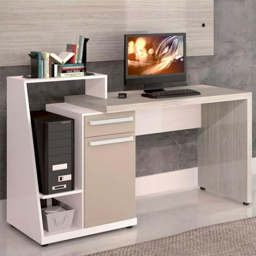 Escritorio Con Cajones Y Repisa Aikai - Blanco Y Olmo Gris