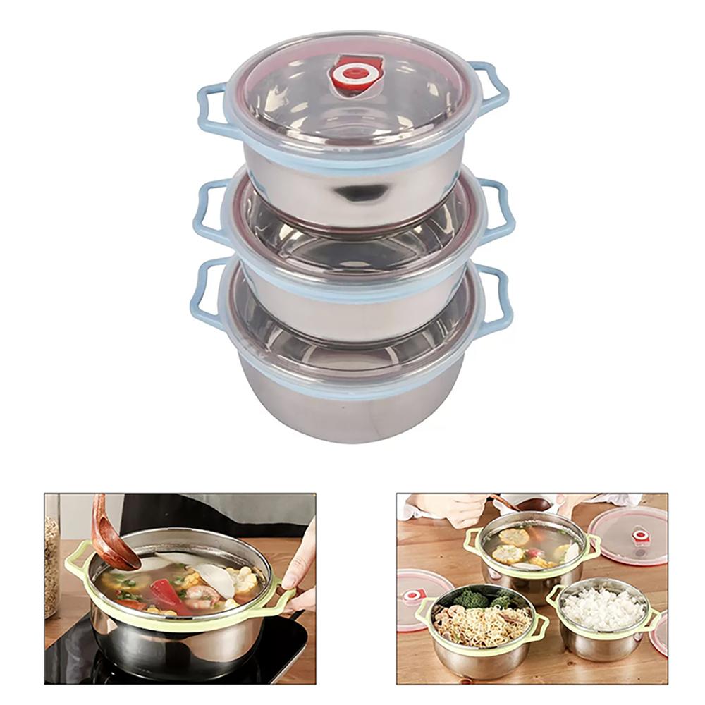 Set de 3 Contenedores o Bowls de Acero con Tapa y Asa color Celeste