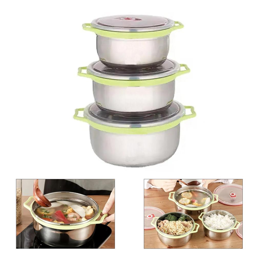 Set de 3 Contenedores o Bowls de Acero con Tapa y Asa color Verde