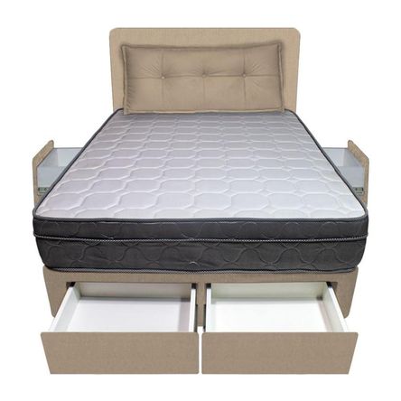 Dormitorio Turin + 4 Cajones Queen + Cabecera + Cojin - Beige Claro