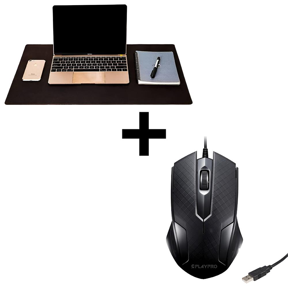 Mouse Ergonómico Usb Pc Laptop Computadora Negro PLaypro TYM350006 + mousepad para escritorio marrón