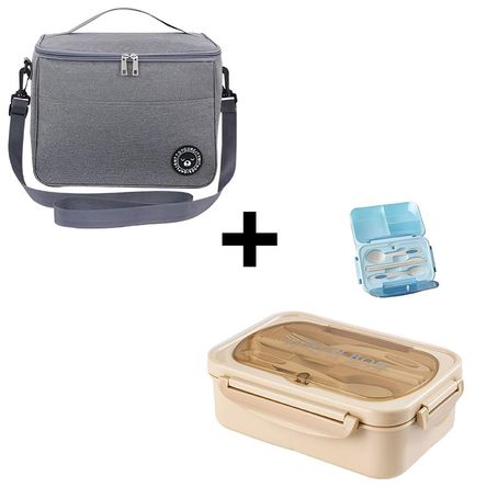 Lonchera Térmica Bolsa Almuerzo con Correa Gris + Lonchera Taper de Alimentos + Cubiertos Beige Lonchera Térmica Bolsa Almuerzo con Correa Gris + Lonchera Taper de Alimentos + Cubiertos Beige