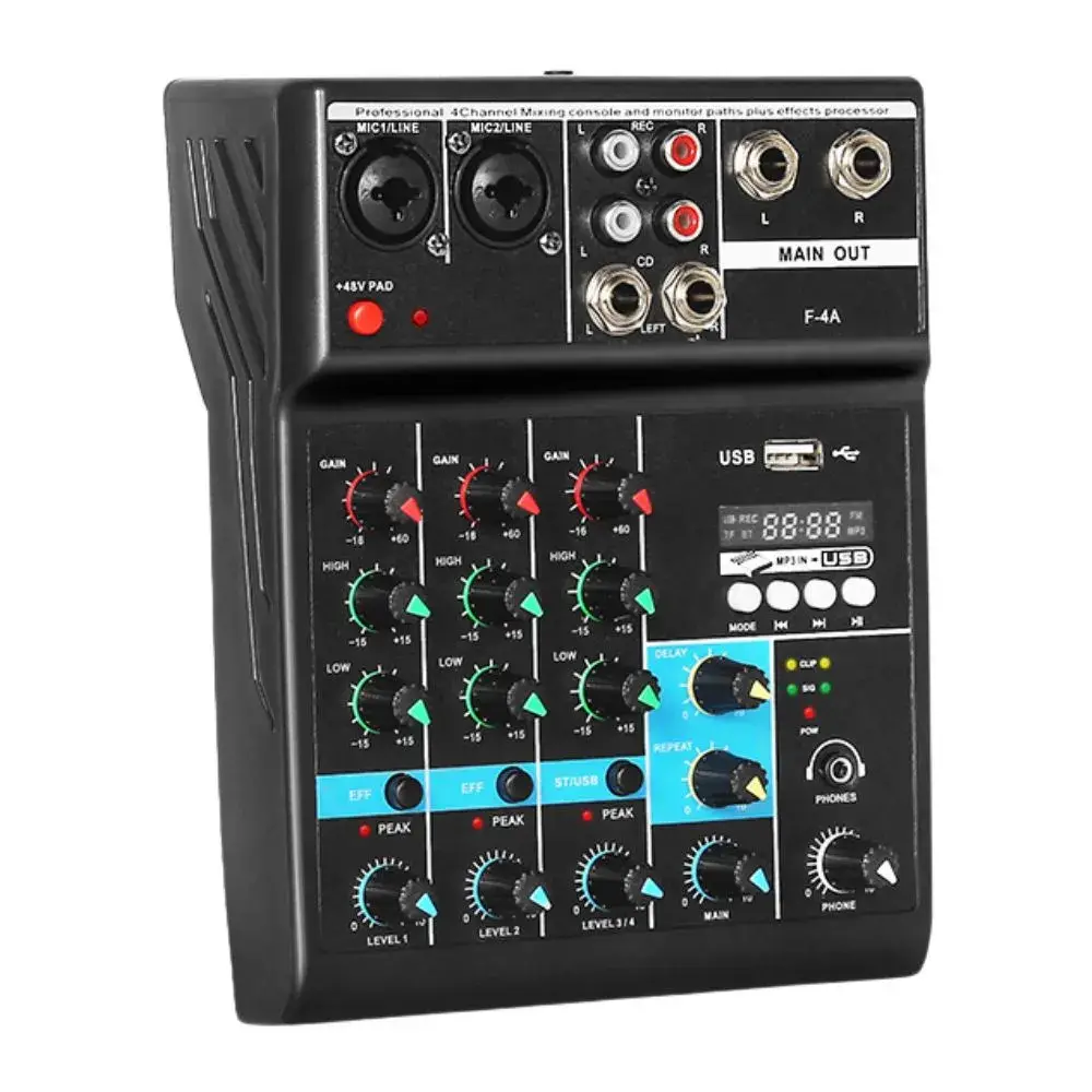 Mezclador de Audio Profesional EN VIVO de 4 Canales Bluetooth USB F-4A Mezclador de Audio Profesional EN VIVO de 4 Canales Bluetooth USB F-4A