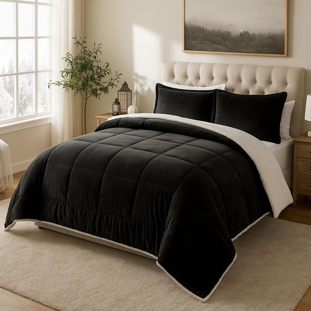 Edredon Nube Hogar 1.5 Plz Invernia Set Cuadros Felpa con Sherpa con Fundas de Almohada Negro