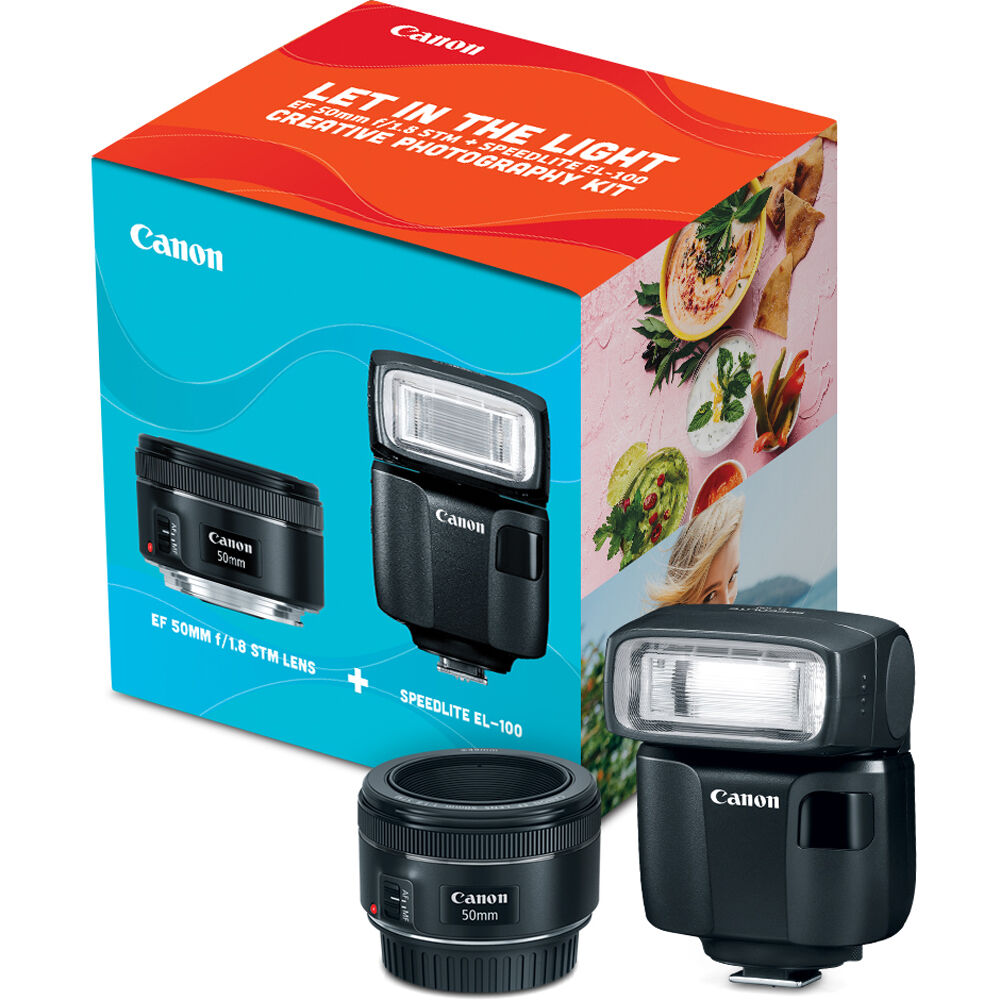 Canon EF 50mm f/1.8 STM + Kit Creativo Speedlite EL-100: Lente EF de Montura, Apertura f/1.8 a f/22