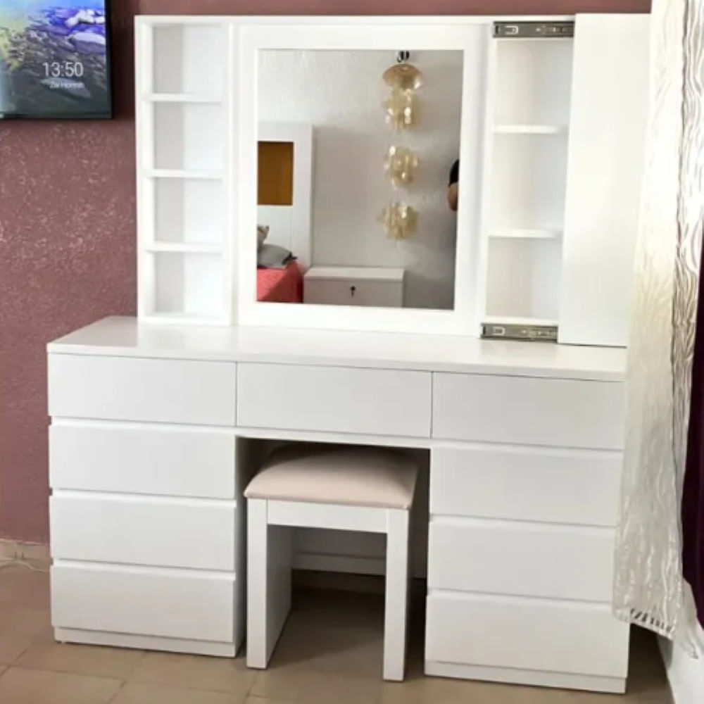 TOCADOR CON BANCA Y ESPEJO CORREDIZO CLIA NACION MUEBLES BLANCO