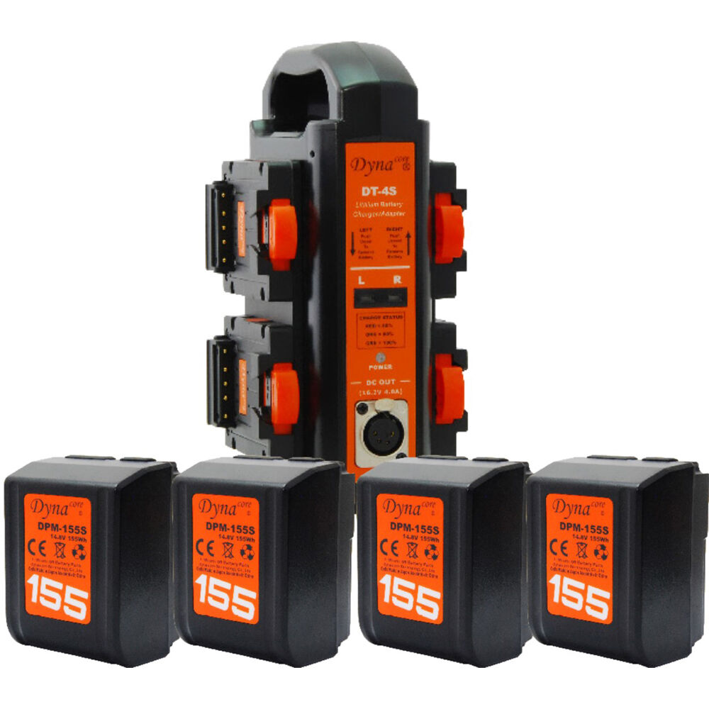 Kit Dynacore DPM-155S Tiny con 4 Baterías V-Mount de 155Wh y Cargador de 4 Bahías DT-4S (155Wh, V-M