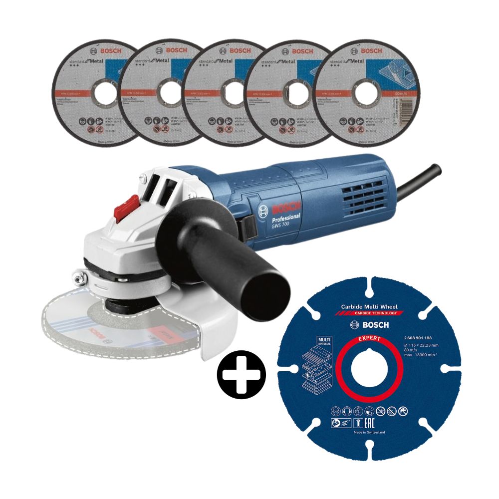 COMBO Bosch: Amoladora Angular GWS 700 -710W + 5 discos + Disco de Corte para Madera 4 1/2""
