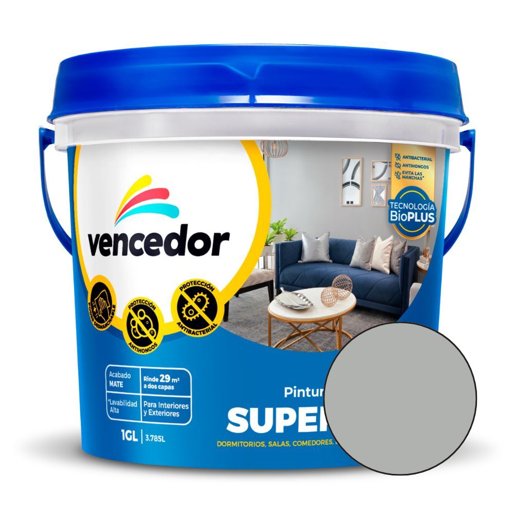 Pintura Latex Vencedor Supermate Antibacterial Gris Oriente 1 galón