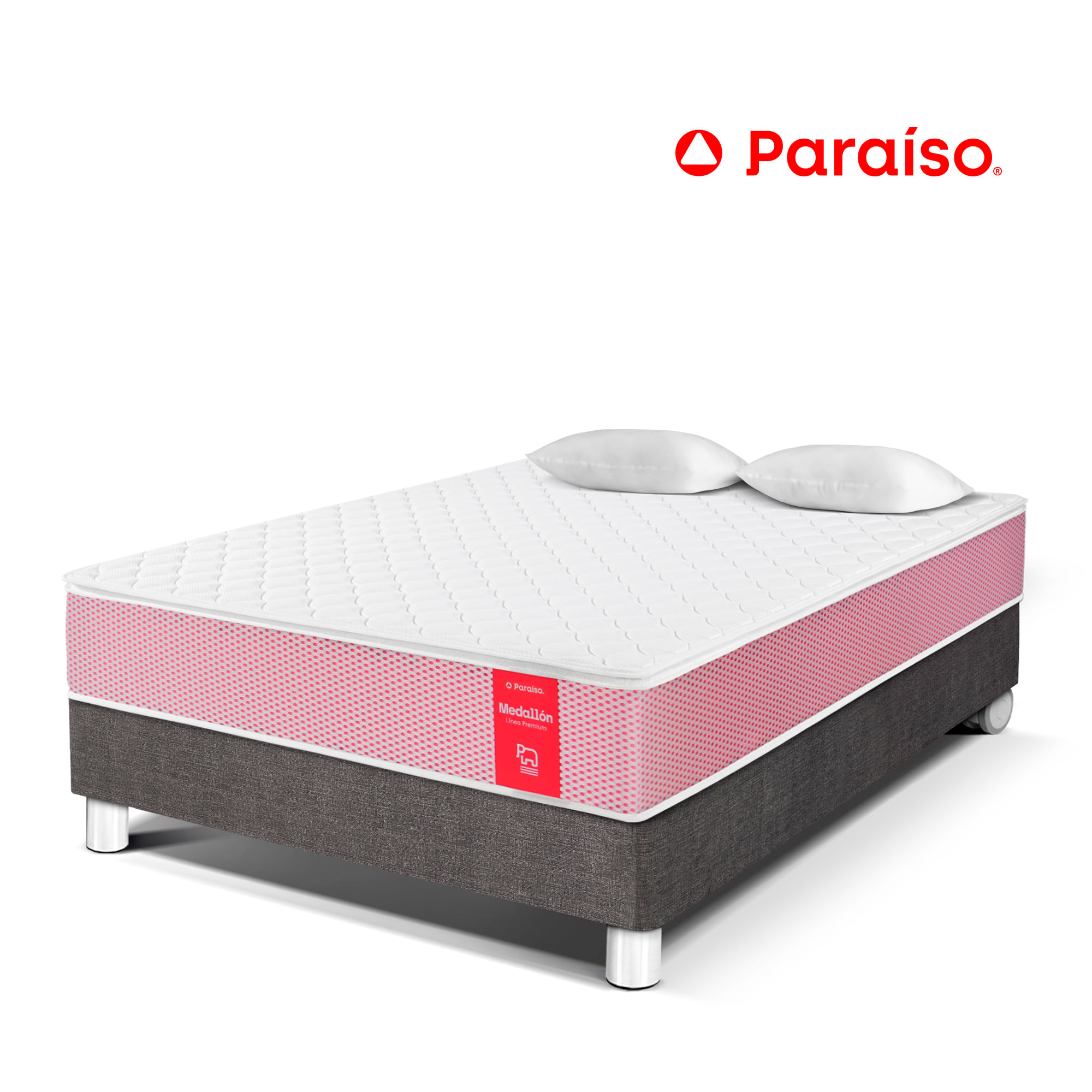 Cama Box Tarima PARAISO Medallón Ergosoft 2 Plz + 2 Almohadas + Protector