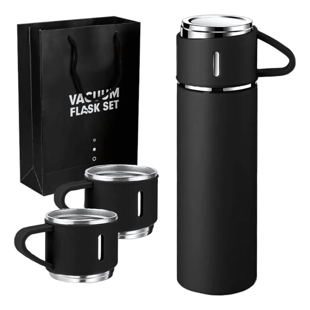 Termo de Acero Inoxidable Bebidas Frías y Calientes de 500 ml + 3 Tazas Negro