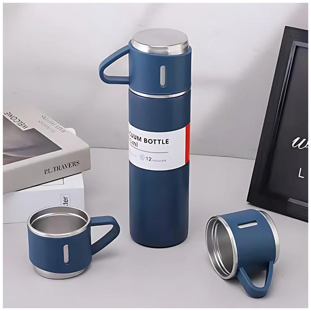 Termo de Acero Inoxidable Bebidas Frías y Calientes de 500 ml + 3 Tazas Azul
