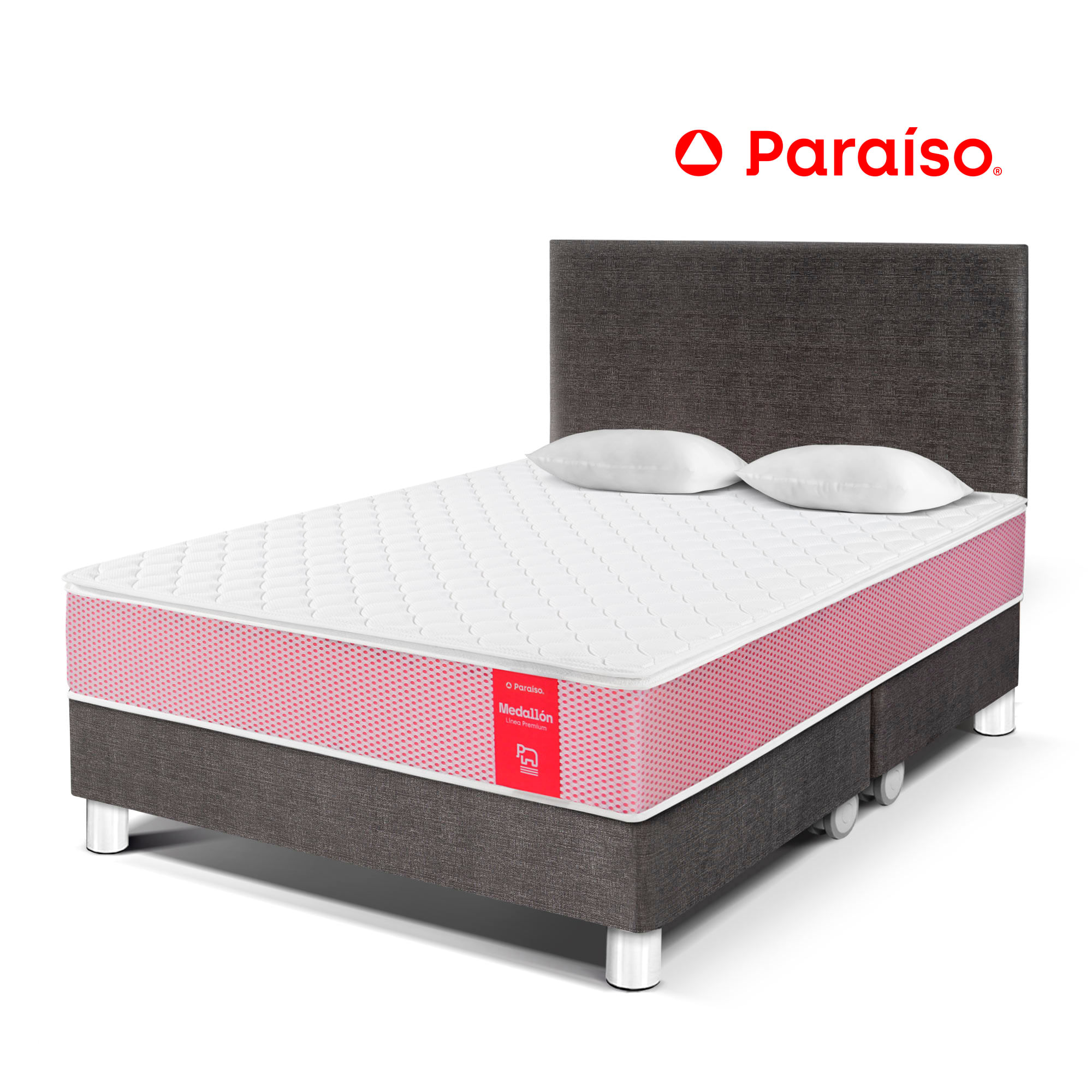 Dormitorio PARAISO Medallón Acero Queen + 2 Almohadas + Protector