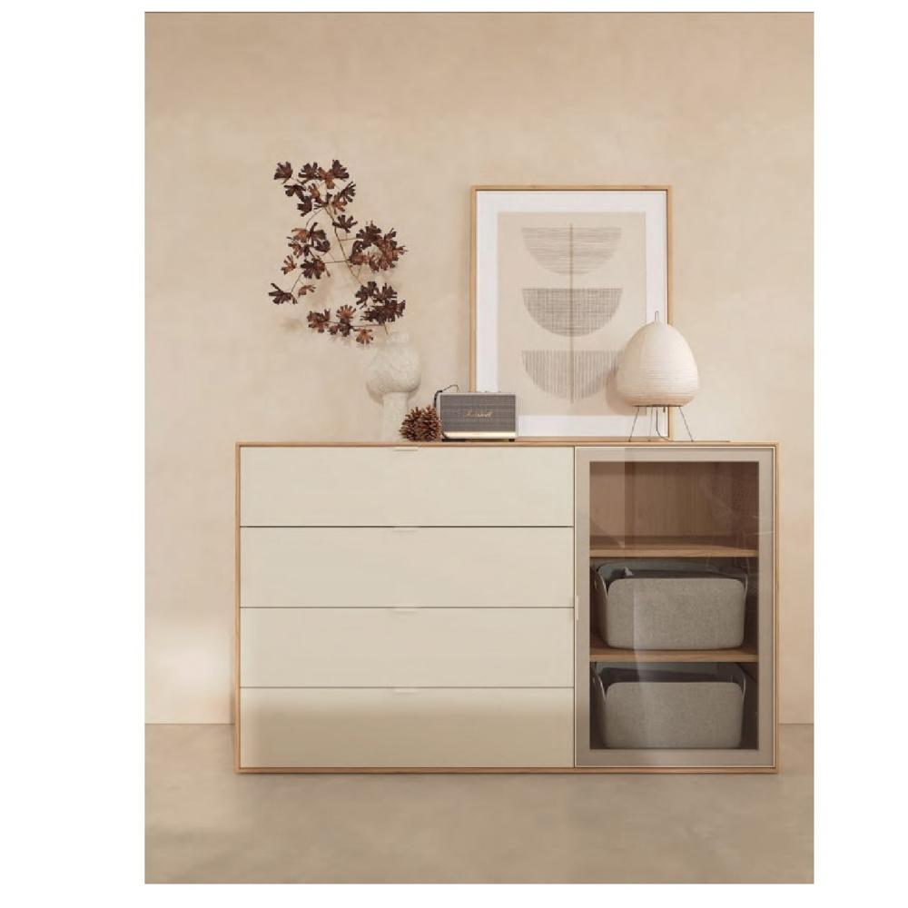 Cómoda Exclusiva Mariaté 4 cajones 1 puerta color Blanco/Duna/Gris TU MESITA