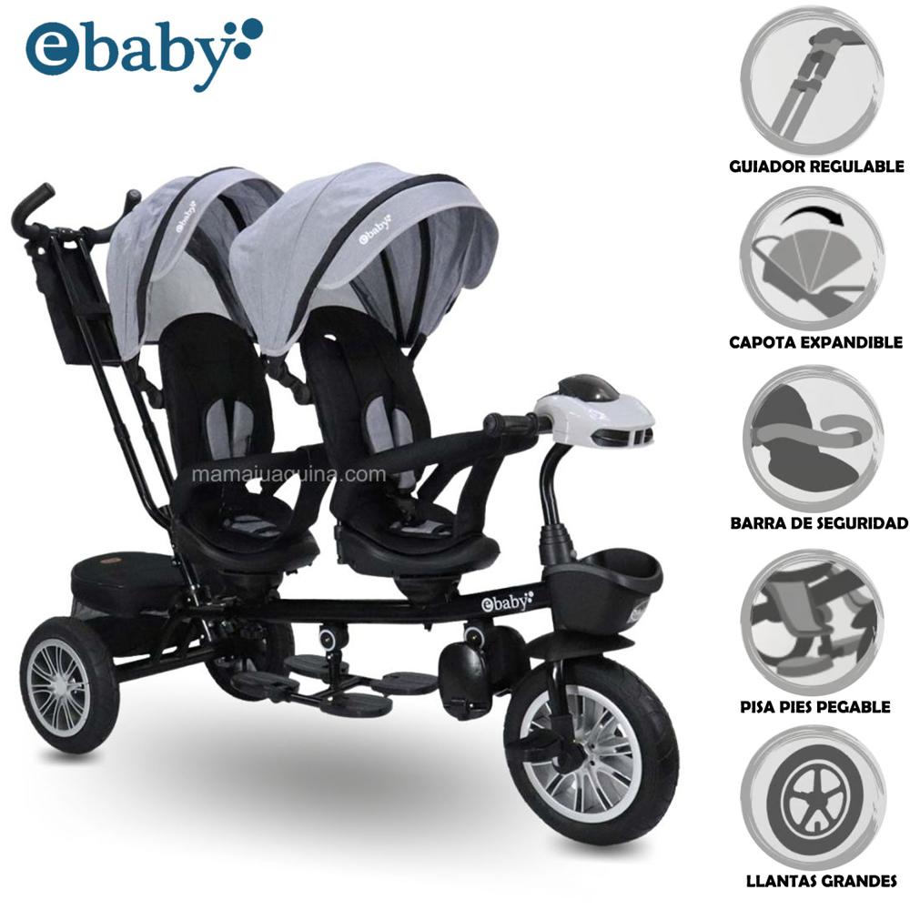 Triciclo Guiador EBABY GEMELAR GRAY
