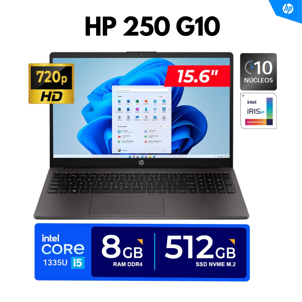 LAPTOP HP 250 G10 15.6"" HD LED Core i5-1335U 4.60GHz 10 Núcleos 8GB DDR4-3200MHz 512GB SSD FREEDOS