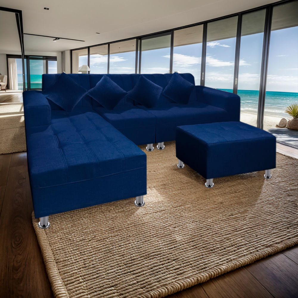 Sofá Seccional Bremen 4 Cuerpos con Puff Azul Movenda