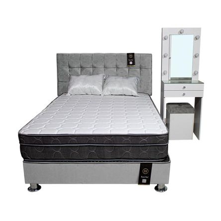 Dormitorio Coquette 1.5 Plz + Cabecera + Tocador + Puff - Gris Claro