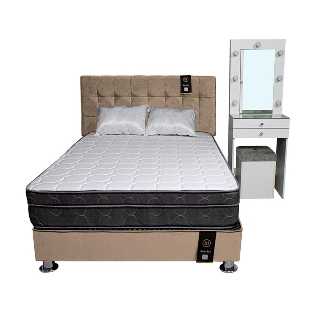 Dormitorio Coquette 2 Plz + Cabecera + Tocador + Puff - Beige Claro
