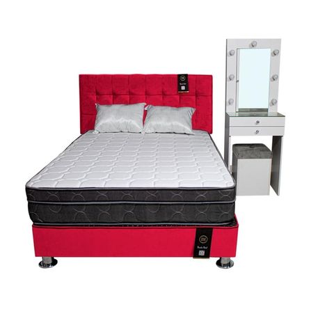 Dormitorio Coquette 2 Plz + Cabecera + Tocador + Puff - Rojo