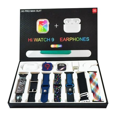 I30 PRO MAX, PACK 7 EN 1 - RELOJ SMARTWATCH  + AUDIFONO + CORREAS PLATA