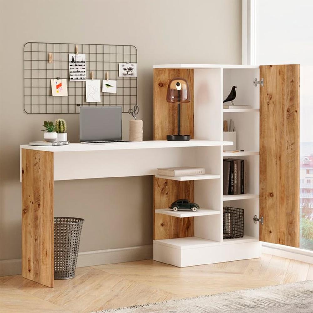 Escritorio Con Cajones Y Repisa Tarawa - Blanco Y Damasco