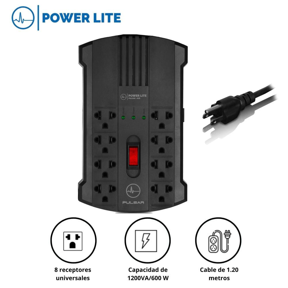 Regulador de Voltaje Automático Power Lite 1200VA/600W 8 Salidas Protegidas