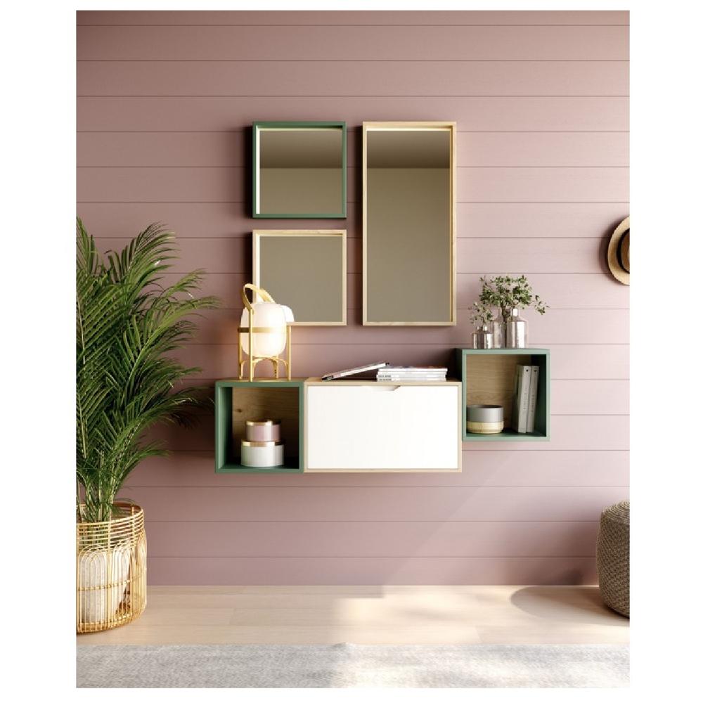 Consola de Pared Sofia color Blanco/Verde 1 puerta + 2 cubos + Espejo TU MESITA