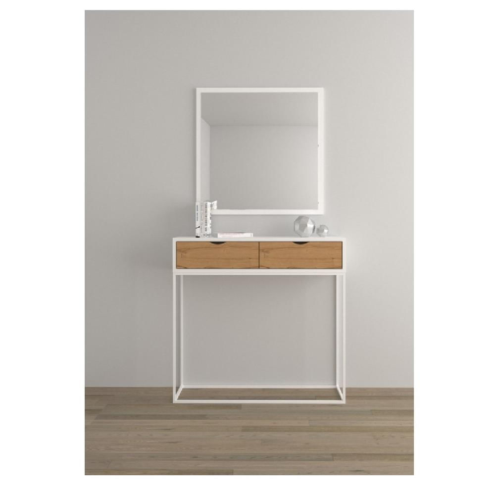 Consola Industrial Scott color Blanco/Natural 2 cajones base Metalica TU MESITA
