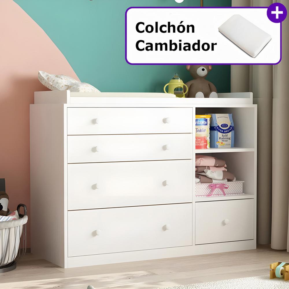 Cómoda Cambiador Para Bebé Amore 5 Cajones Blanco 100 cm + Colchón Huk
