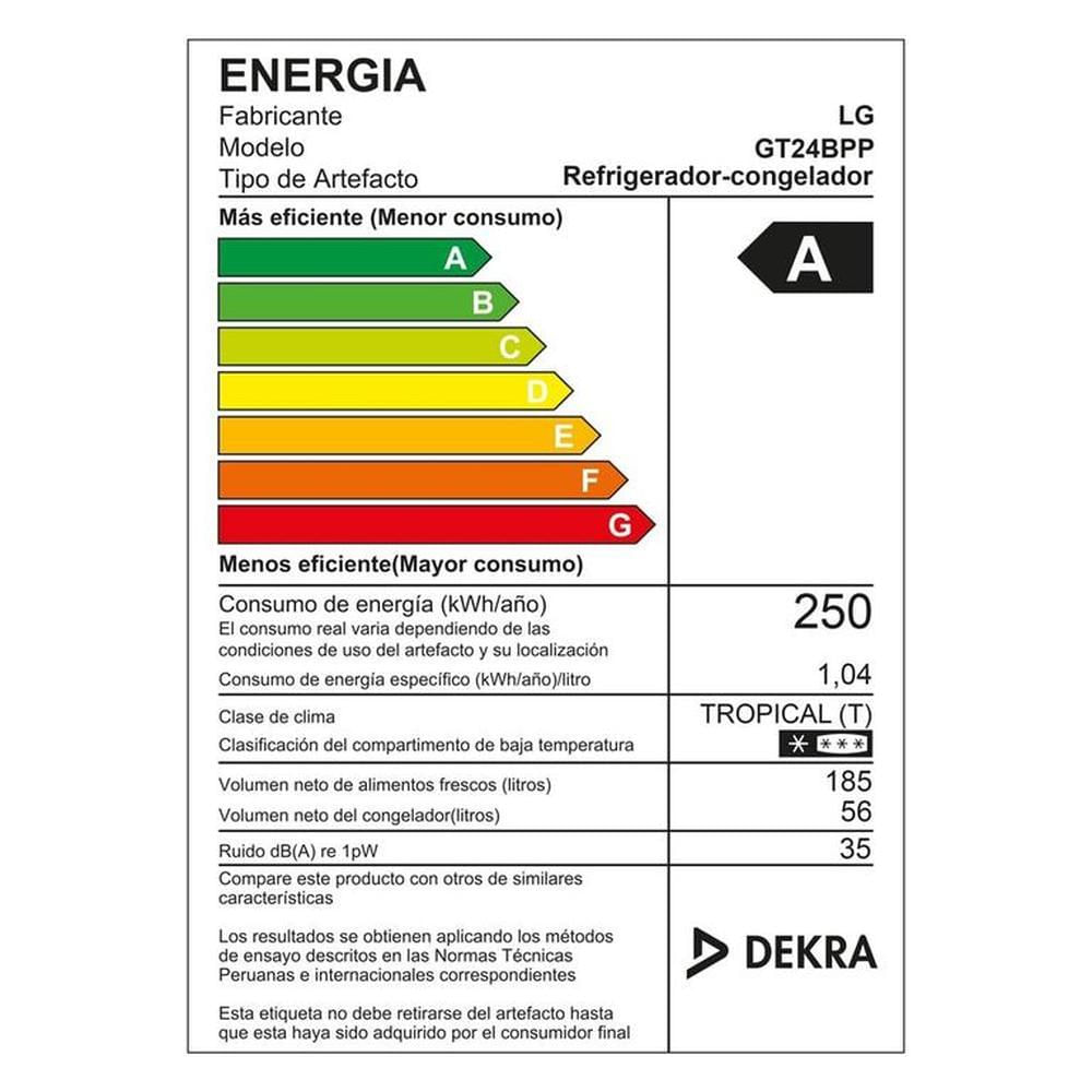 Refrigeradora LG Top Freezer GT24BPP No Frost 241L