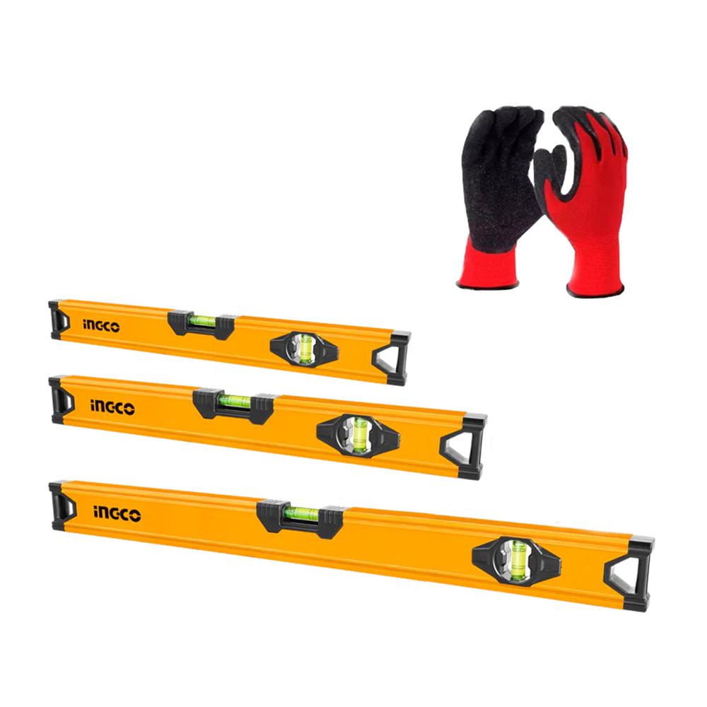 Set De 3 Niveles Burbuja Aluminio 40 60 100 Ingco + Guantes