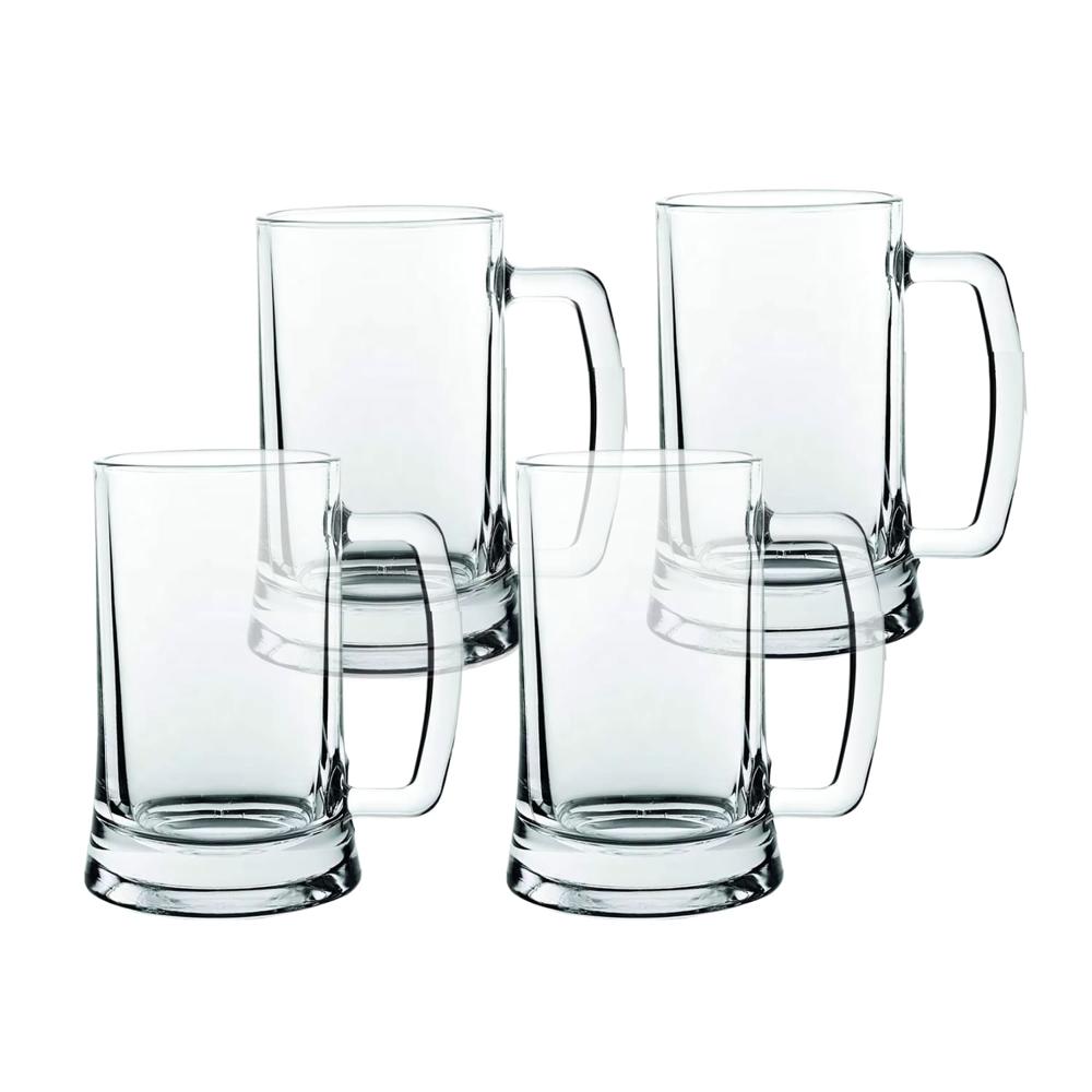 Vaso Cervecero de Vidrio con Asa 490ml Set de 4 Tazas Transparentes